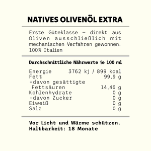 Rückseite der Dose No6 Dolce di Rossano mit Nährwerttabelle je 100 ml, Herkunft 100 % Italien und Haltbarkeit 18 Monate