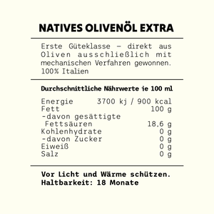 Rückseite der Dose No1 Nocellara del Belice mit Nährwerttabelle je 100 ml, Herkunft 100 % Italien und Haltbarkeit 18 Monate