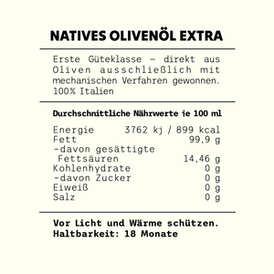 Rückseite der Dose No2 Roggianella mit Nährwerttabelle je 100 ml, Herkunft 100 % Italien und Haltbarkeit 18 Monate