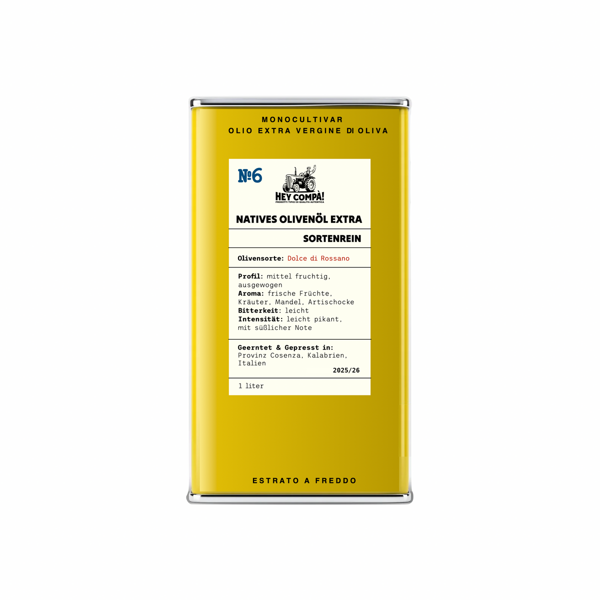 Freigestellte gelbe 1-Liter-Dose sortenreines Olivenöl No6 Dolce di Rossano (ungefiltert) von Hey Compà