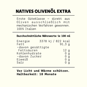 Rückseite der Dose No3 Itrana mit Nährwerttabelle je 100 ml, Herkunft 100 % Italien und Haltbarkeit 18 Monate