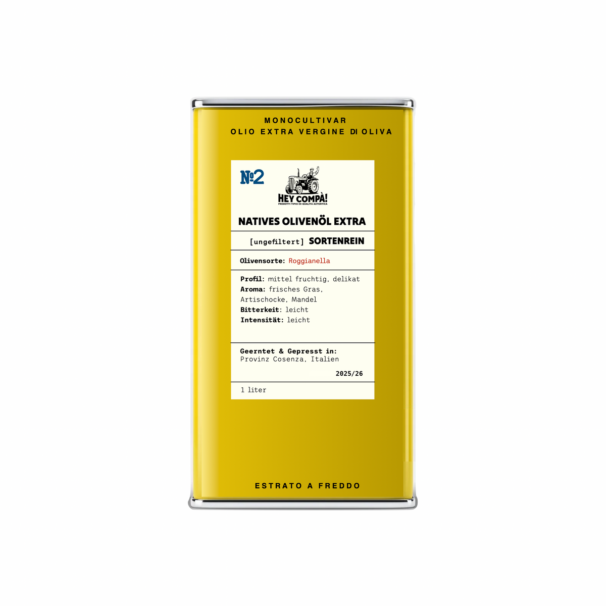 Freigestellte gelbe 1-Liter-Dose sortenreines Olivenöl No2 Roggianella (ungefiltert) von Hey Compà